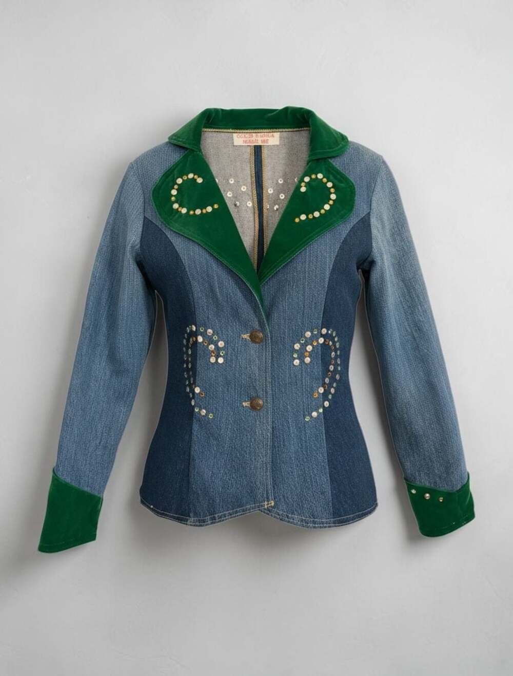 Good Karma Made Me Studded Denim Patchwork Blazer with Green Velvet Trim Small